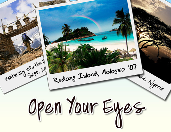 Open Your Eyes Logo and Traveling Themed Polaroid Photos